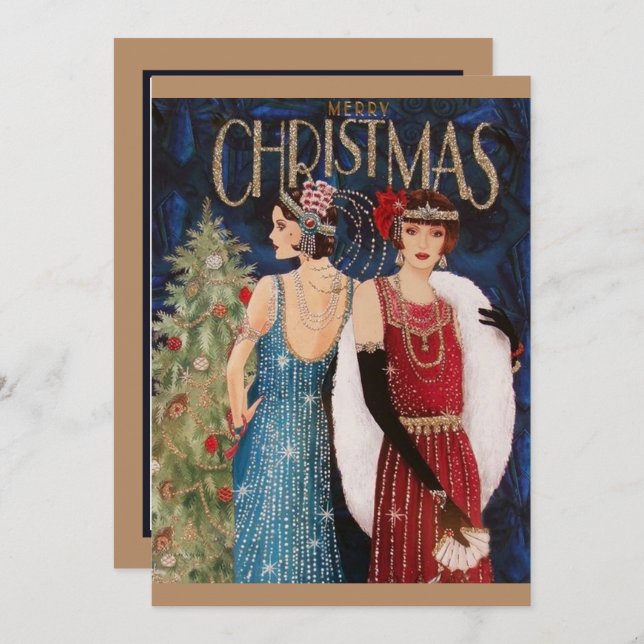 Art deco retro vintage jul dam inbjudningar (Fram/baksida)