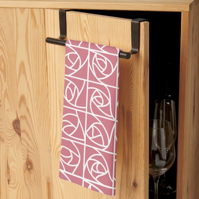 Art Deco Ro-fyrkanter Stilized Blommigt rosa Kökshandduk (Thirds Fold)