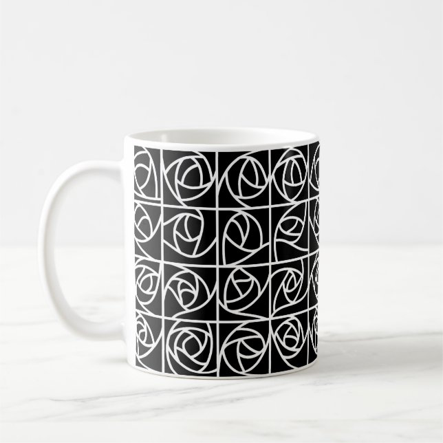 Art Deco Ro-fyrkanter Stilized Blommigt svart vitt Kaffemugg (Vänster)