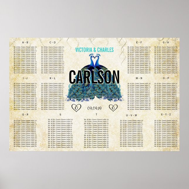 Art Deco Roaring 20:e Gatsby Peacock Seating Chart Poster (Framsidan)