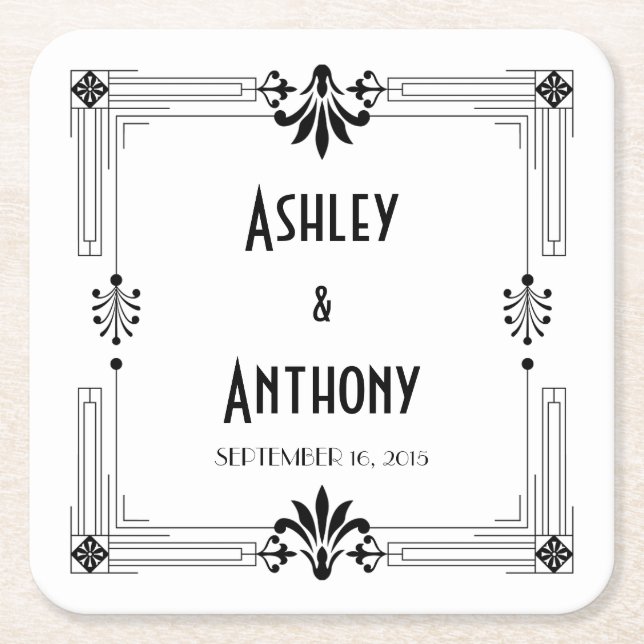 Art Deco Roaring 20:s Bride Groom Date Bröllop Underlägg Papper Kvadrat (Framsidan)