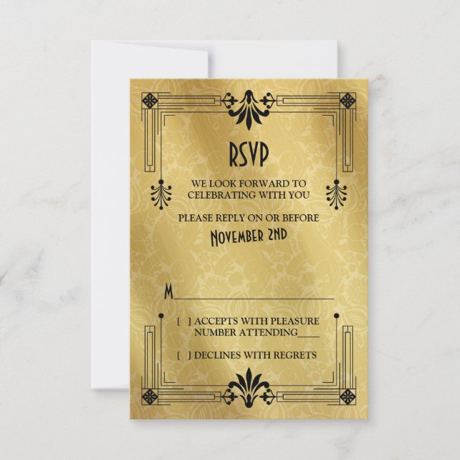 Art Deco Roaring 20s Black Guld Bröllop OSA Card (Framsida)