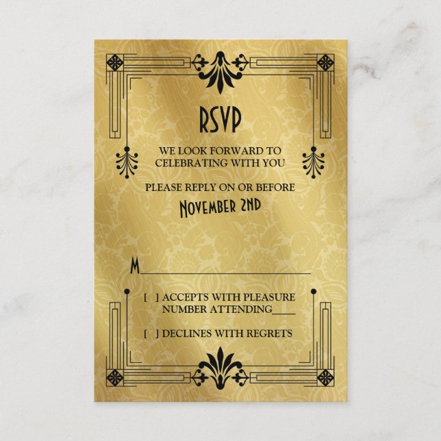 Art Deco Roaring 20s Black Guld Bröllop OSA Card (Framsida)