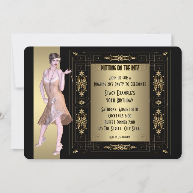 Art Deco Roaring 20's Födelsedagsfest Inbjudningar (Framsida)