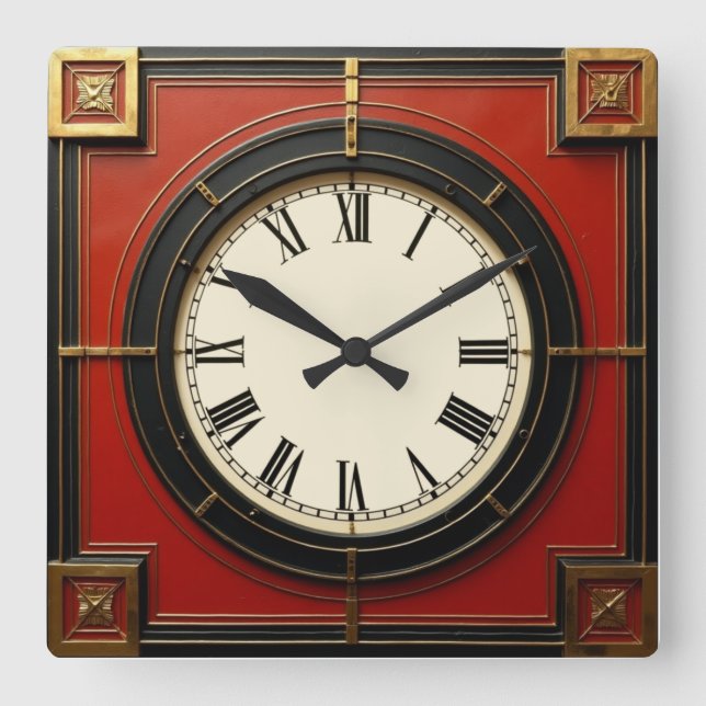 Art Deco Röd Fyrkantig Klocka (Framsida)
