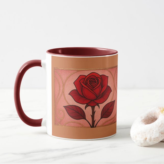 Art Deco Röd Ros Maroon Kombimugg Mugg (Med munk)