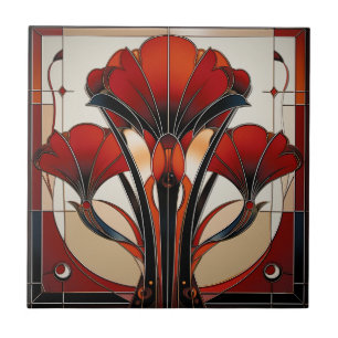 Art Deco Röd Svart Vit Abstrakt Blommig Kakelplatta