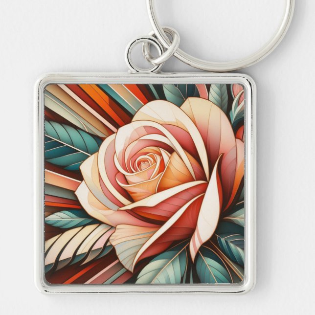 Art Deco Ros Nykelring Fyrkantig Silverfärgad Nyckelring (Framsidan)