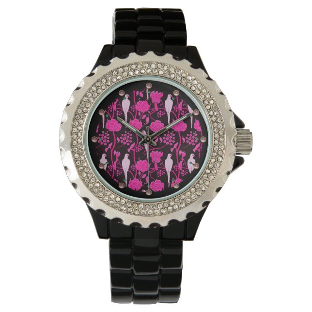 ART DECO ROSA FLOWERS,VITDELAR PÅ SVART BLACK ARMBANDSUR (Framsida)