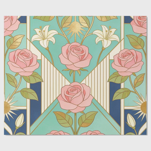 Art Deco Rosa Rosor & Turkos Blommig Presentpapper (Platt)