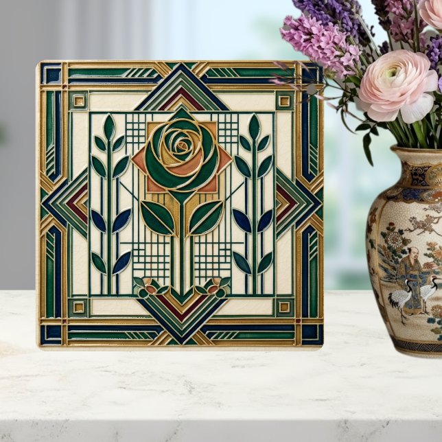 Art Deco Rose Geometric Emerald Green Tile Kakelplatta (Skapare uppladdad)