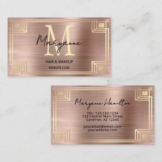 Art Deco Rose Gold Monogram Visitkort (Fram/baksida)