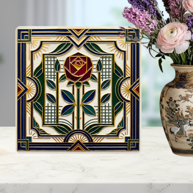 Art Deco Rose Red Blue Green Gold Floral Art Tile Kakelplatta (Skapare uppladdad)