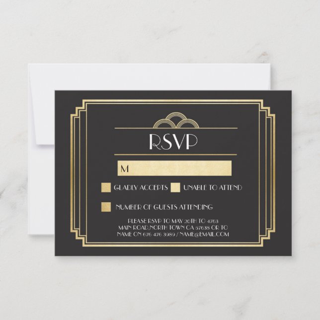 Art Deco RSVP-kort 1920-tal Guld Svart Svar Inbjudningar (Framsida)