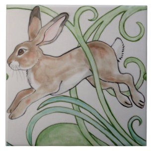 Art Deco Running Rabbit Designer Tile Trivet Grön Kakelplatta