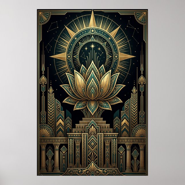 Art Deco Sacred Lotus Celestial Compass Poster (Framsidan)