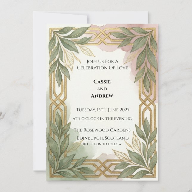 Art Deco Sage Guld Löv Bröllop Inbjudningar (Framsida)