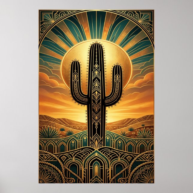 Art Deco Saguaro Cactus Sunburst Desert Gold Teal  Poster (Framsidan)