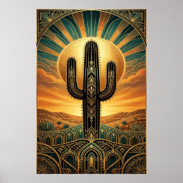 Art Deco Saguaro Kaktus Soluppgång Öken Guld Teal Poster