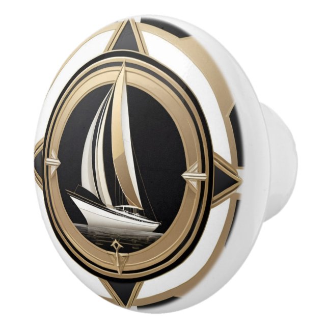 Art Deco Sailing Boat Black White Guld Nautical Knopp (Höger)