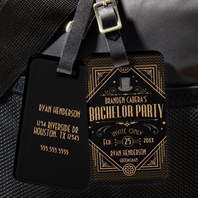 Art Deco Sällskapsfest för Brudgum - Prohibitionsf Bagagebricka (bachelor party luggage tag Art Deco speakeasy 1920s theme gold and black groomsmen best man gift)