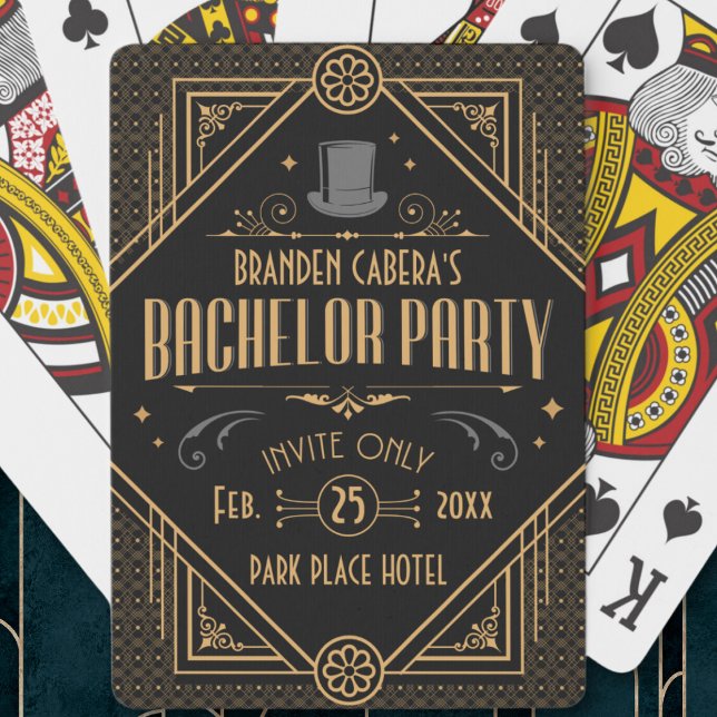 Art Deco Sällskapsfest till Bachelorfest Speakeasy Casinokort (bachelor party favors custom playing cards 1920s Art Deco speak easy style gold and black groomsmen )