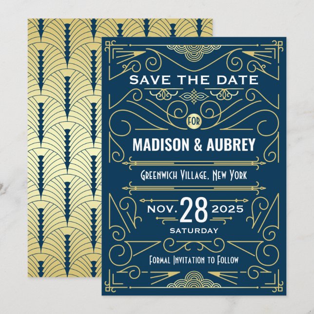 Art Deco Save Date Bröllop Elegant Guld Blue Inbjudningar (Fram/baksida)