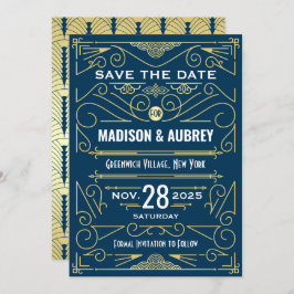 Art Deco Save Date Bröllop Elegant Guld Blue Inbjudningar