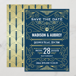 Art Deco Save Date Bröllop Elegant Guld Blue Inbjudningar
