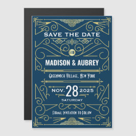 Art Deco Save Date Bröllop Elegant Guld Blue Magnetisk Inbjudningskort