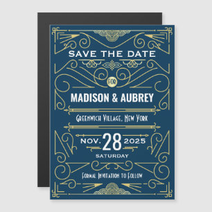 Art Deco Save Date Bröllop Elegant Guld Blue Magnetisk Inbjudningskort