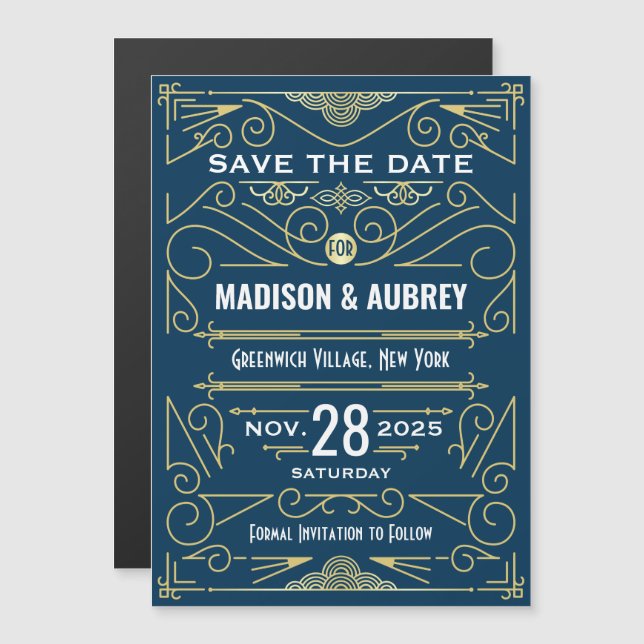 Art Deco Save Date Bröllop Elegant Guld Blue Magnetisk Inbjudningskort (Fram/baksida)