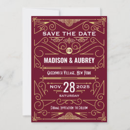Art Deco Save Date Bröllop Guld Burgundy Inbjudningar