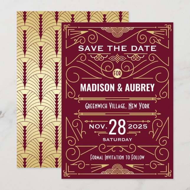 Art Deco Save Date Bröllop Guld Burgundy Inbjudningar (Fram/baksida)