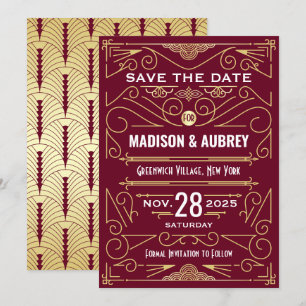 Art Deco Save Date Bröllop Guld Burgundy Inbjudningar