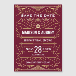 Art Deco Save Date Bröllop Guld Burgundy Magnetisk Inbjudningskort