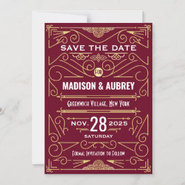 Art Deco Save Date Bröllop Guld Burgundy Magnetisk Inbjudningskort