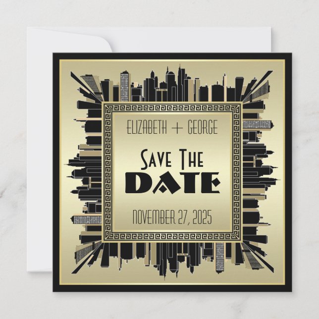 Art Deco Save Date Champagne Guld Gatsby Glam Inbjudningar (Framsida)