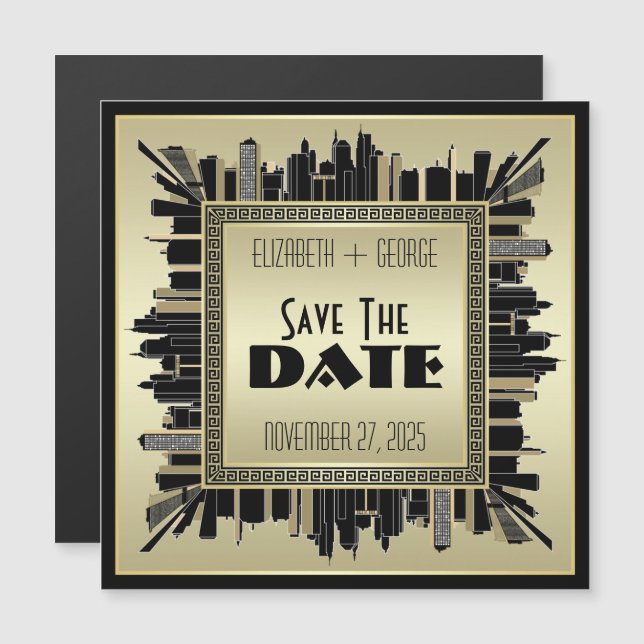 Art Deco Save Date Champagne Guld Underbar Gatsby Magnetisk Inbjudningskort (Fram/baksida)