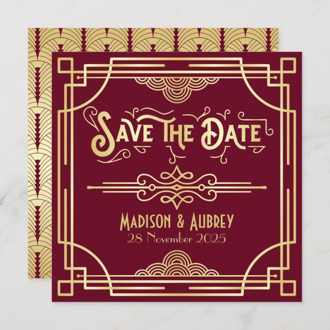 Art Deco Save Date Guld Burgundy Underbar Gatsby Spara Datumet (Fram/baksida)