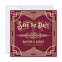 Art Deco Save Date Guld Burgundy Underbar Gatsby