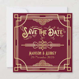 Art Deco Save Date Guld Burgundy Underbar Gatsby Spara Datumet