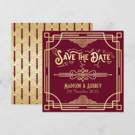 Art Deco Save Date Guld Burgundy Underbar Gatsby Spara Datumet