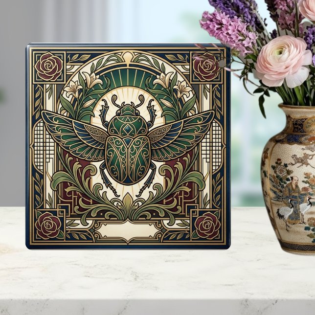 Art Deco Scarabdyrbar Grön Guld Blommig Keramik  Kakelplatta (Skapare uppladdad)