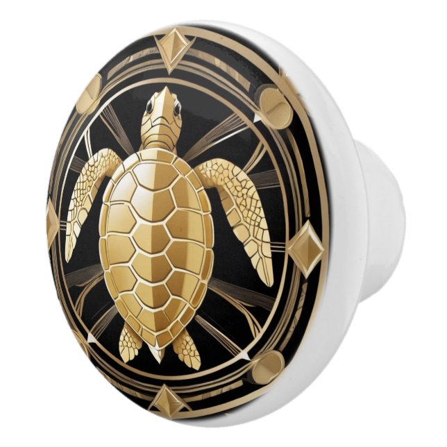 Art Deco Sea Turtle Black och Guld Ocean Themed Knopp (Höger)