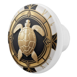 Art Deco Sea Turtle Black White Guld Ocean Life Knopp