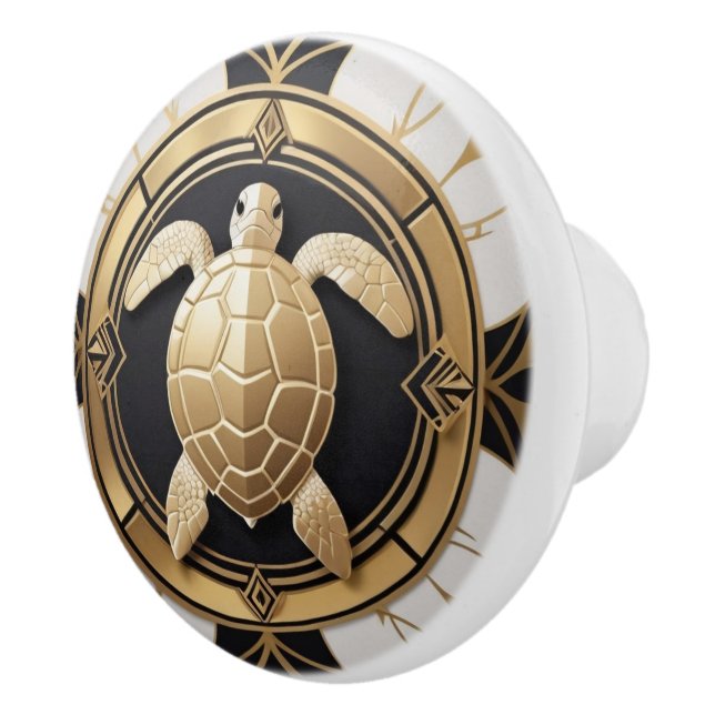 Art Deco Sea Turtle Black White Guld Ocean Life Knopp (Höger)