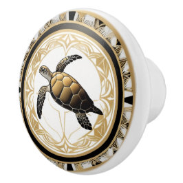 Art Deco Sea Turtle Black White Guld Ocean Life Knopp