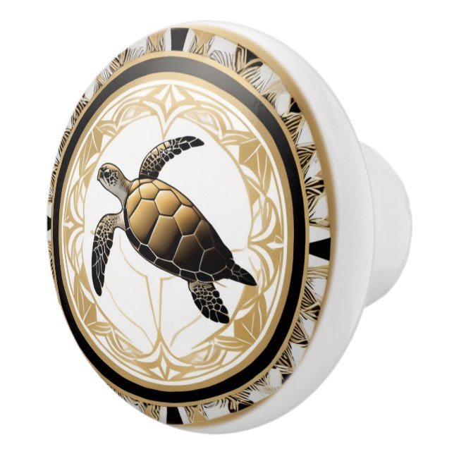 Art Deco Sea Turtle Black White Guld Ocean Life Knopp (Höger)