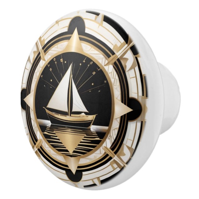 Art Deco Segelbåt Black White och Guld Nautical Knopp (Höger)